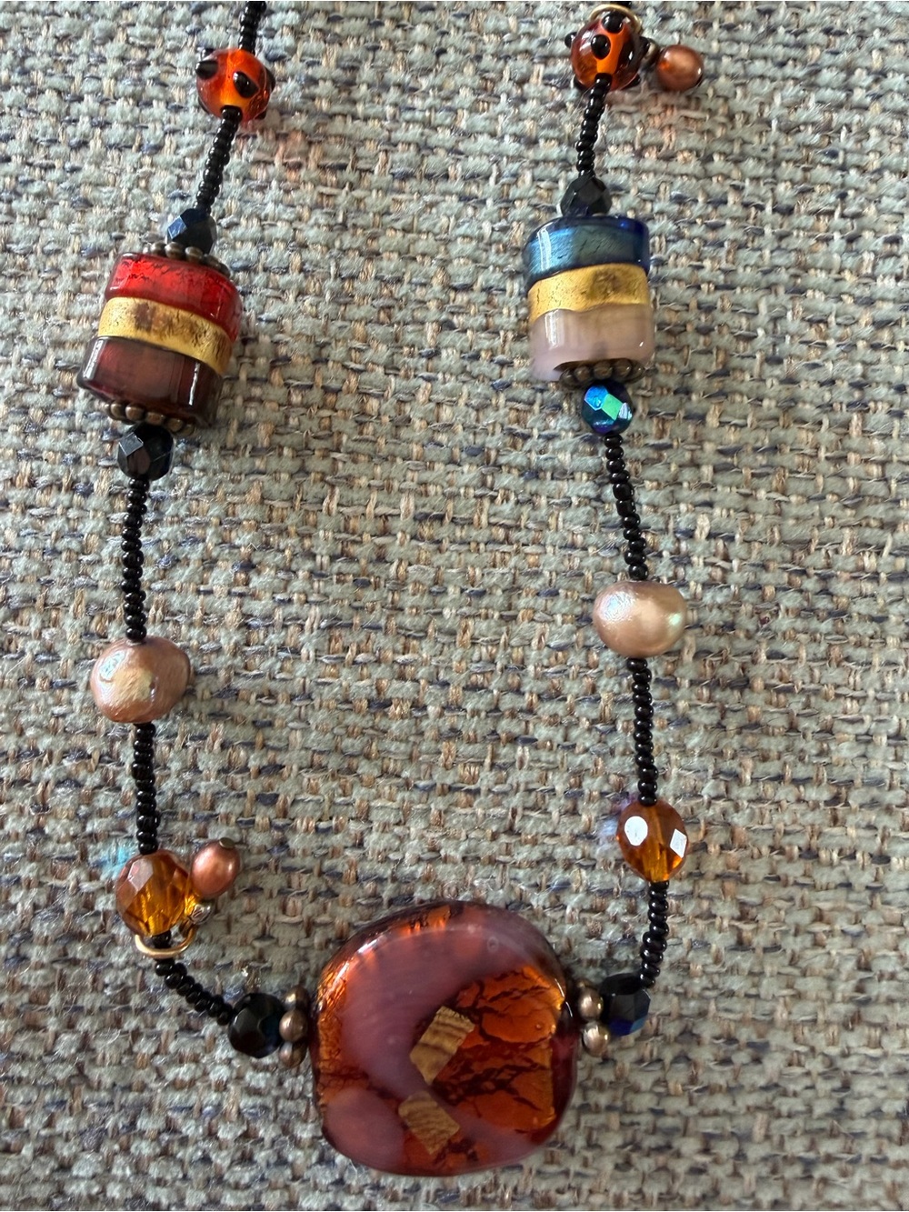 Handcrafted Multicolor Glass Bead Statement Necklace - Gold & Amber Accents